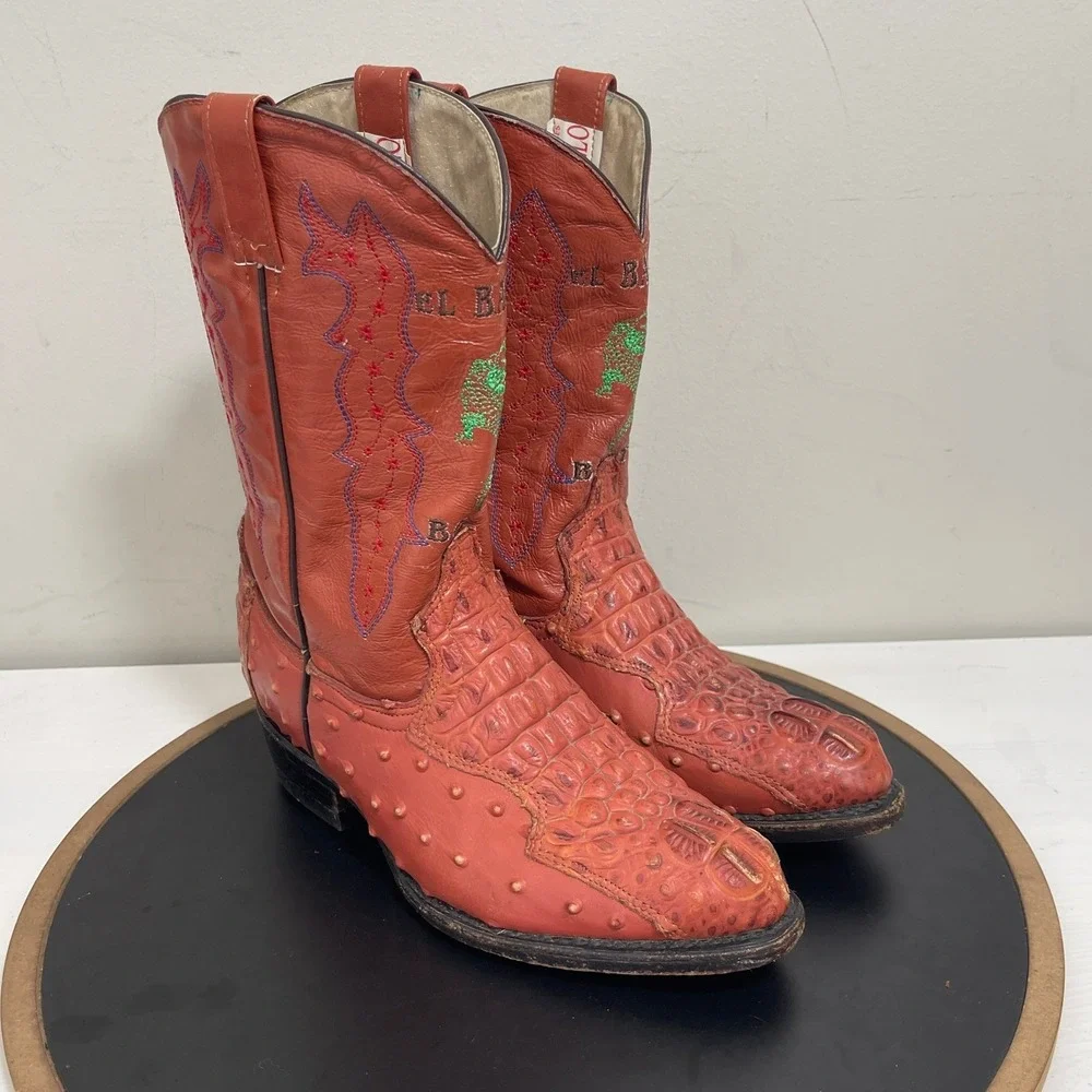 El Ballo Boots Men 7 Crocodile & Leather Western Cowboy Boots Embroidered Exotic